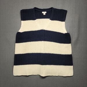 J Jill Sweater Vest Womens Large Petite V Neck Nautical Blue Stripe Cotton Blend